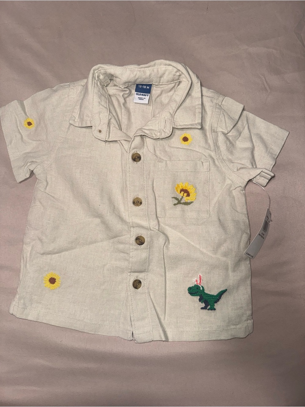 Old Navy Cream Button-Up Shirt with Sunflower & Green Dino Embroidery